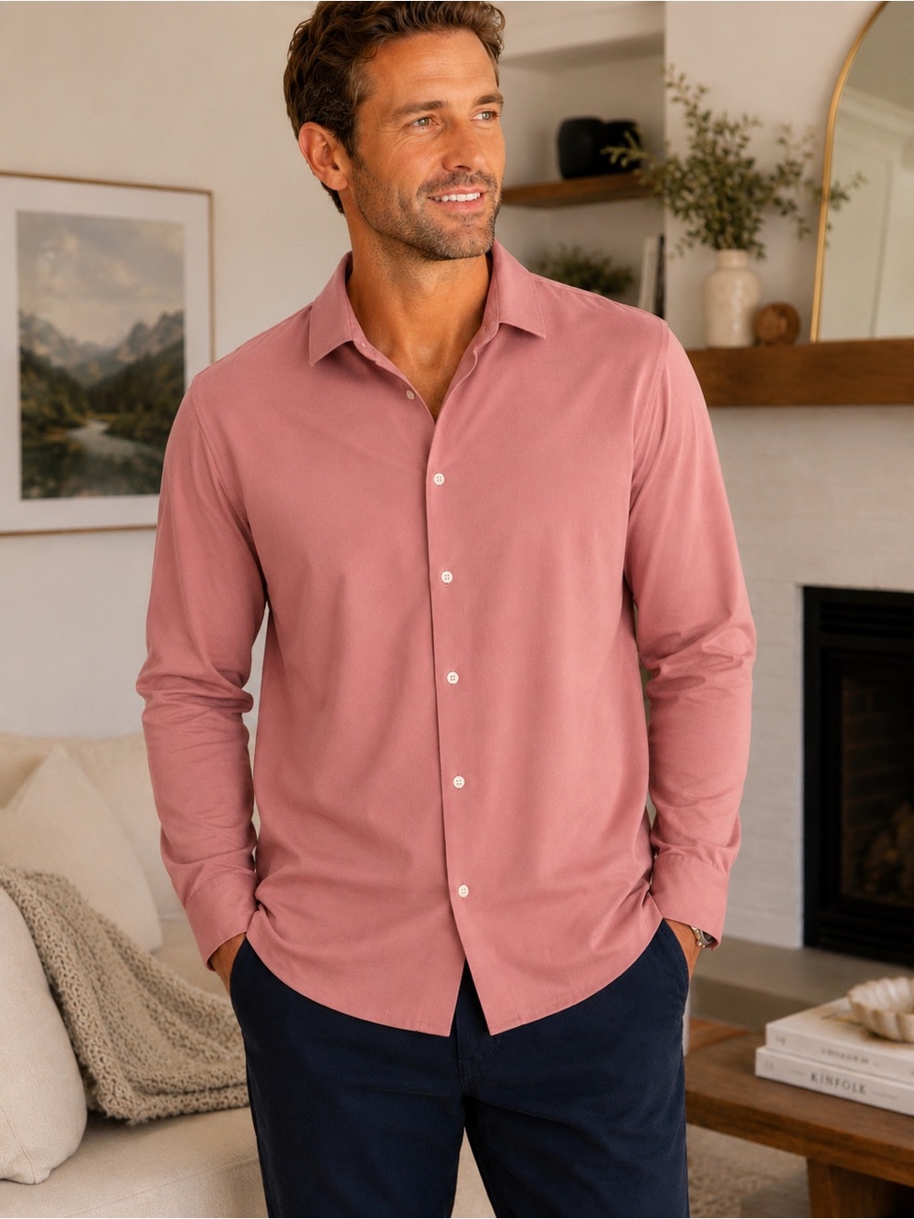 Hi-Tie Classic Long-Sleeve Button-Up Shirt in Dusty Rose